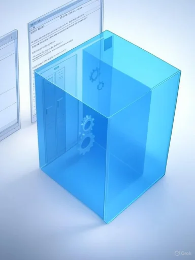 Blue translucent cube with gears inside, symbolizing software architecture and settings.