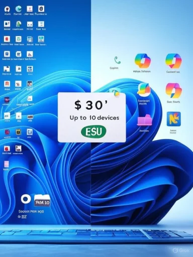 Split-screen laptop wallpaper with app icons and a central promo card reading '$30 for up to 10 devices.'