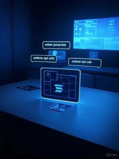 A blue neon holographic display on a table shows a circuit diagram with floating labels in a dark room.
