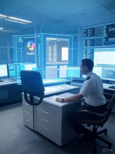 A security officer sits at a desk in a high-tech control room with holographic blue screens.
