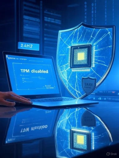 Blue cyber-security scene: laptop shows 'TPM disabled' beside a glowing shield with a processor.
