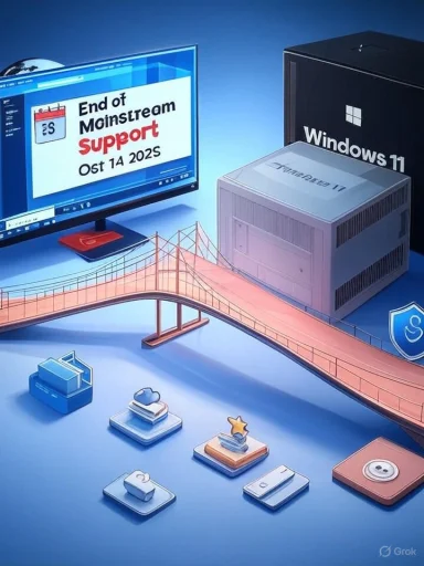 Windows 11 desktop setup showing a monitor that reads 'End of Monistream Support' beside a PC and a bridge model.