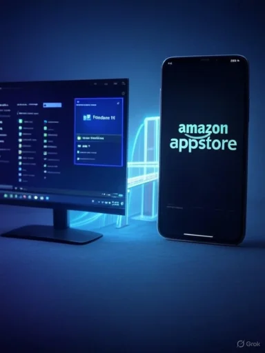 A smartphone displays the Amazon Appstore beside a computer monitor in a blue neon-lit setup.