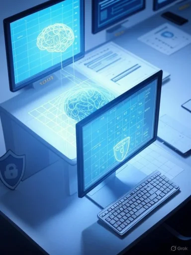 Tech lab with holographic brain projections on blue monitors.
