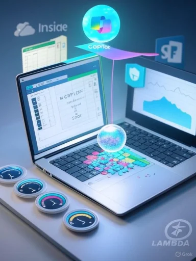 Futuristic data dashboard: holographic orb over a laptop with charts and gauges.
