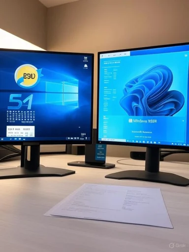 Two computer monitors on a desk display Windows wallpapers, with a printed document in front.