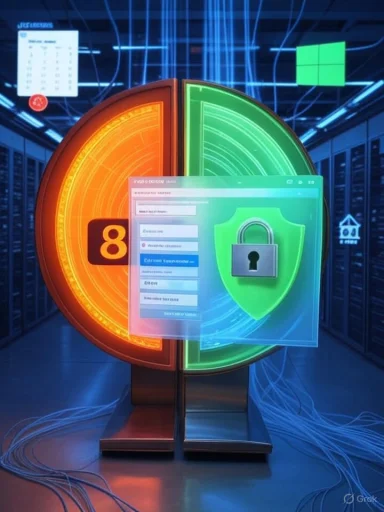 A neon-lit data center shows a split orange-green cybersecurity wheel with a lock shield.