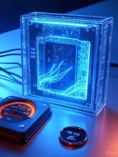 A neon blue transparent circuit cube glows beside a vintage dial gauge.