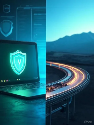 Split-screen: cybersecurity on a laptop shield icon beside a glowing looping highway.