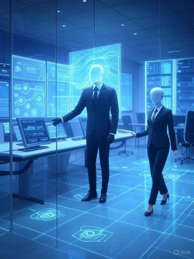 Two humanoid robots in suits stand in a futuristic control room with holographic dashboards.
