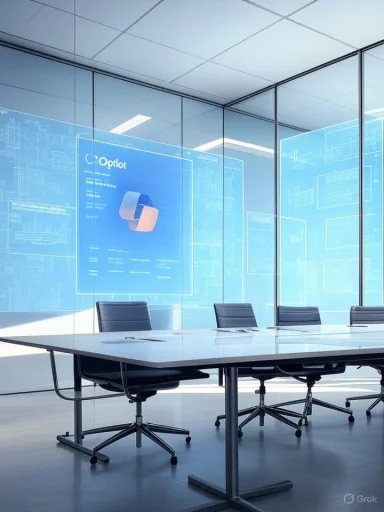 A modern conference room with glass walls and blue holographic displays.