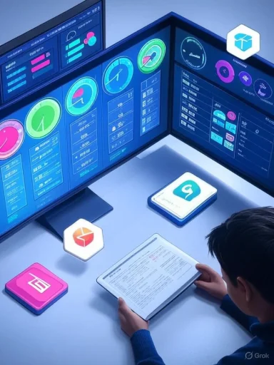 A young person analyzes data on multiple blue holographic dashboards.