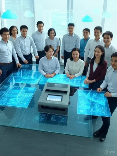 Tech team gathered around a glowing holographic blueprint table.