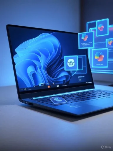 A sleek laptop with a blue holographic interface and floating app cards.