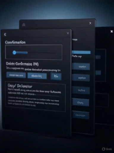 Three layered dark blue UI panels with sliders, progress bars, and blue buttons.
