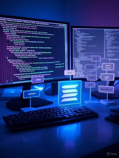 A neon-blue workstation with dual monitors showing code and diagram signs on the desk.
