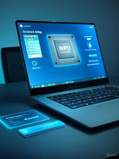 Futuristic laptop UI shows an NPU chip with glowing blue holographic cards.