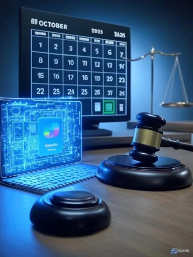 Courtroom desk with a gavel, scales of justice, a futuristic laptop display, and an October 2025 calendar.