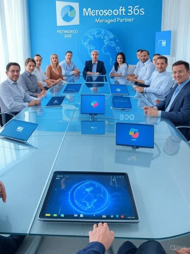 A diverse group of professionals sits around a glass conference table in a blue-themed office.