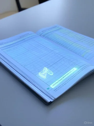 Open notebook with grid tables under blue light and a glowing holographic icon.