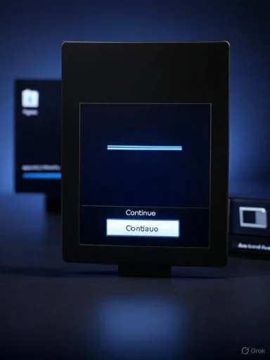 A tablet-like screen shows a progress bar and a 'Continue' button in a blue-lit setup.