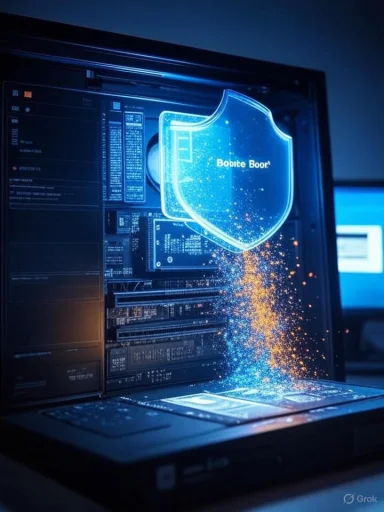 Neon shield projection hovers over a laptop in a server-like setup, with orange sparks rising.