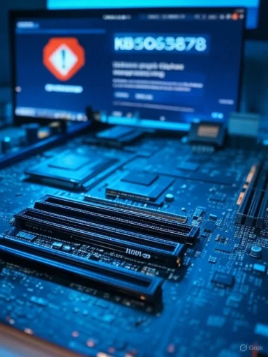 Blue-lit close-up of a computer motherboard with RAM slots, monitor displaying system info in the background.
