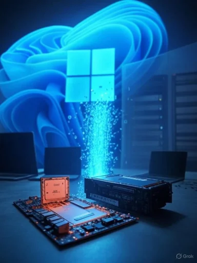 A blue Windows logo with cascading sparks landing on a motherboard.