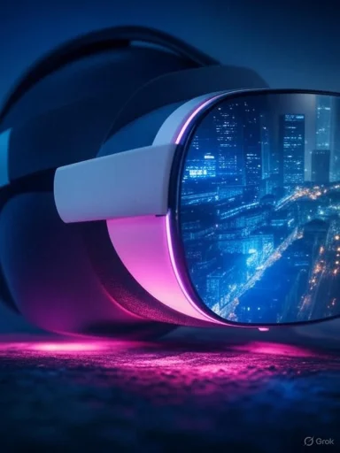 A neon-lit VR headset reflecting a city skyline at night.
