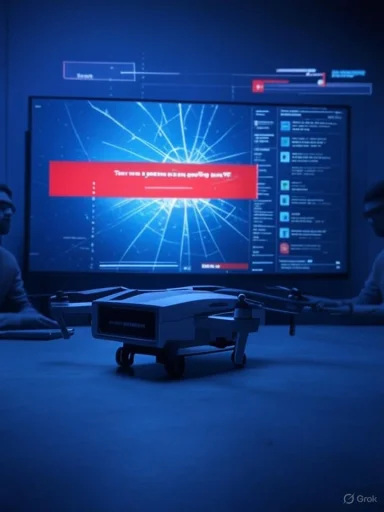 A quadcopter drone rests on a table in a blue-lit room, with a large screen displaying data behind it.