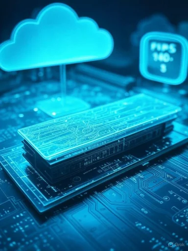 Blue neon cloud icon above stacked microchips on a circuit board, symbolizing cloud computing.