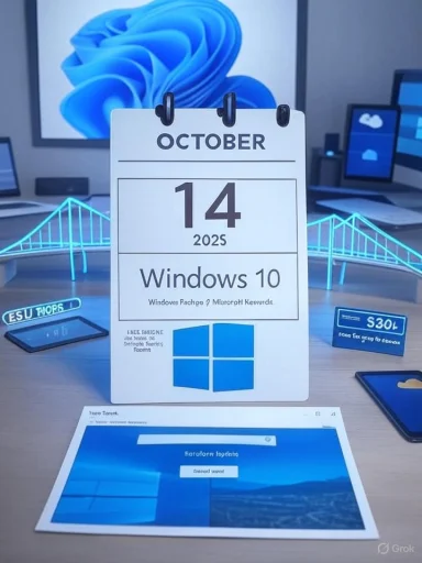 Desk scene featuring a calendar page for October 14, 2025 promoting Windows 10.