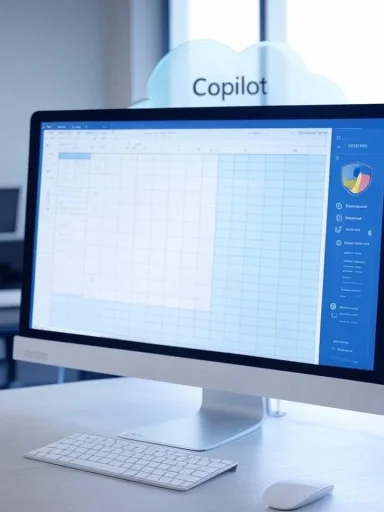 An iMac on a white desk displays a spreadsheet, with a Copilot cloud sign in the background.