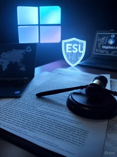 A gavel rests on legal papers with laptops nearby and a glowing blue ESU shield.
