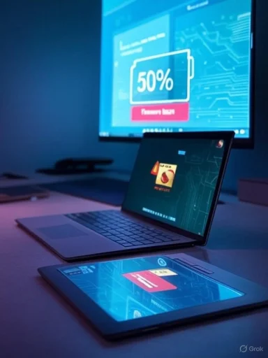 Blue-lit tech setup with a laptop, tablet, and a large monitor displaying a 50% progress screen.