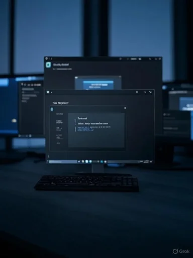 Blue-lit computer lab with a central monitor and keyboard displaying code.