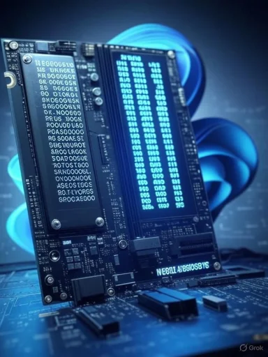 A high-tech circuit board stands upright, its blue LED display showing lines of code.