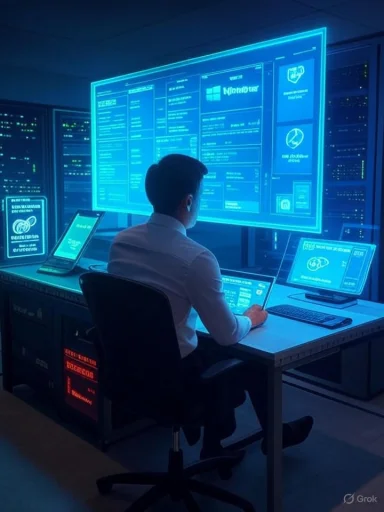 A person in a white shirt sits at a desk in a tech control room, monitoring wall-sized blue holographic displays.