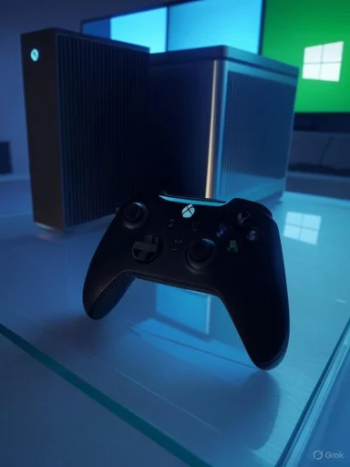 A black Xbox controller rests on a glass surface in front of a blue-lit Xbox console.
