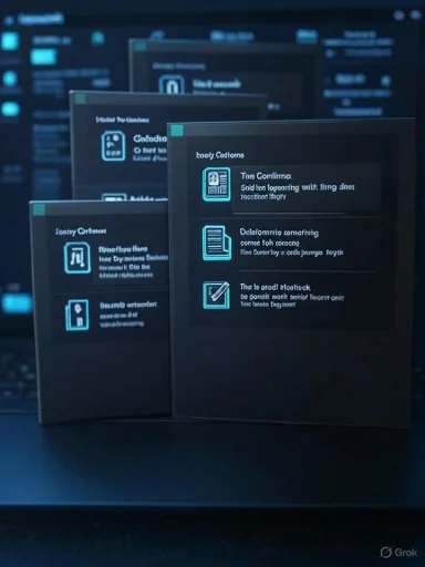 Stacks of dark UI panels with neon blue icons on a laptop backdrop.