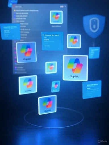 Blue holographic display with floating app cards labeled Copilot hovering above a circular platform.