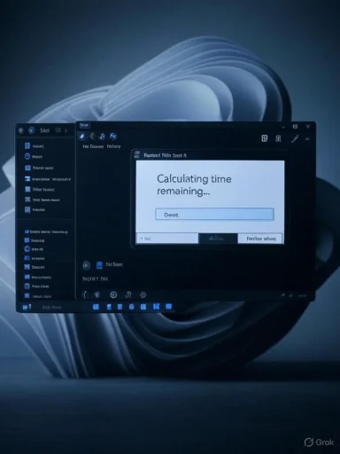 Dark, blue-themed desktop window showing “Calculating time remaining…” on an abstract blue wallpaper.