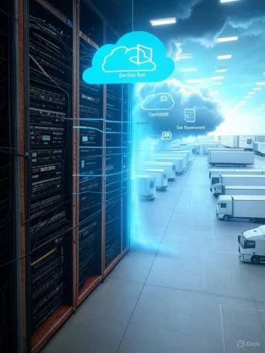 Data center racks glow blue as cloud icons hover over a truck-filled logistics yard.