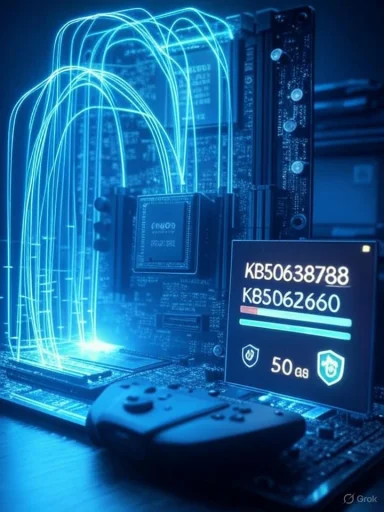 Futuristic motherboard glows with neon-blue circuitry and a nearby game controller.