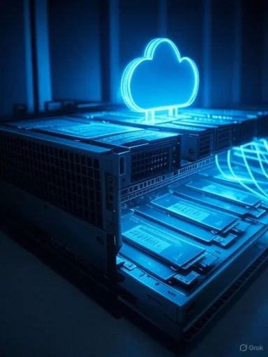 Blue neon cloud icon above a server rack, symbolizing cloud computing.