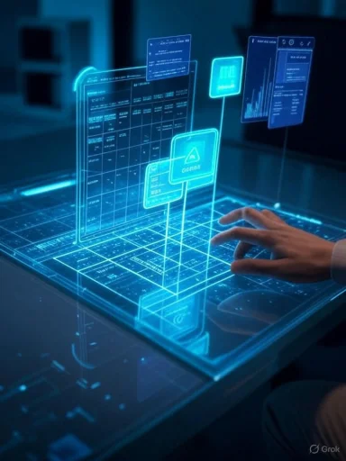 Hands interact with a glowing blue holographic data dashboard.