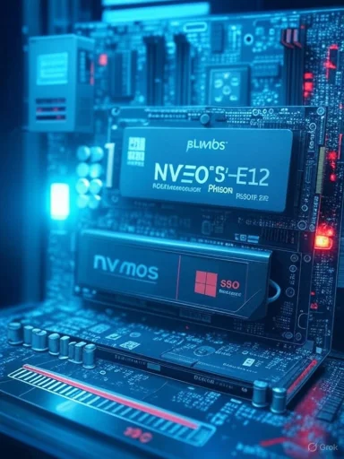 Blue-lit motherboard with NVMe SSDs and circuit details.