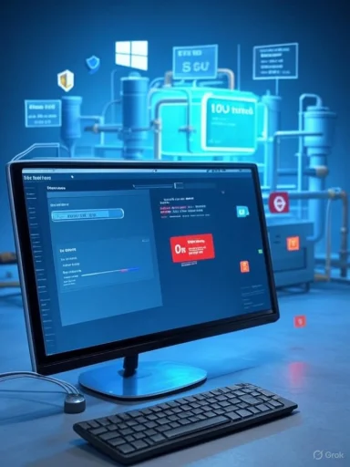 A computer workstation with monitor and keyboard in a futuristic blue-lit lab.