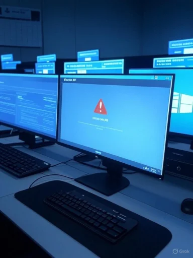 Dim computer lab with multiple monitors; center screen shows a blue error screen with a red warning triangle.