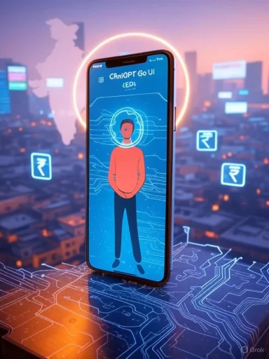 Futuristic AI avatar on a smartphone, surrounded by neon circuits and a glowing cityscape.